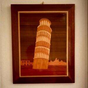Vintage Wood Marquetry Wall Art - Leaning Tower of Pisa. Preowned